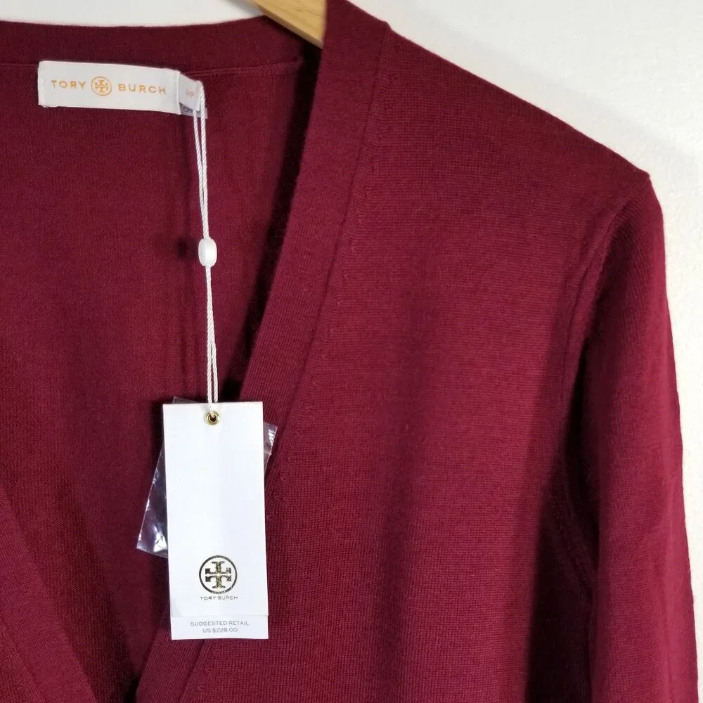 NWT Tory Burch Madeline 100% Merino Wool Cardigan Garnet Red‎ Logo Button XS